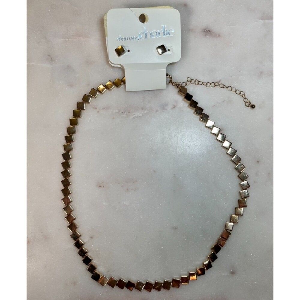 Charming Charlie | Matching Gold Tone Square Beaded Necklace and Earrings